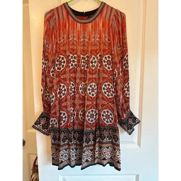 Anthropologie Tanvi Kedia Boho Mini Dress Size S Red-Orange Gradient Floral - Picture 2 of 8